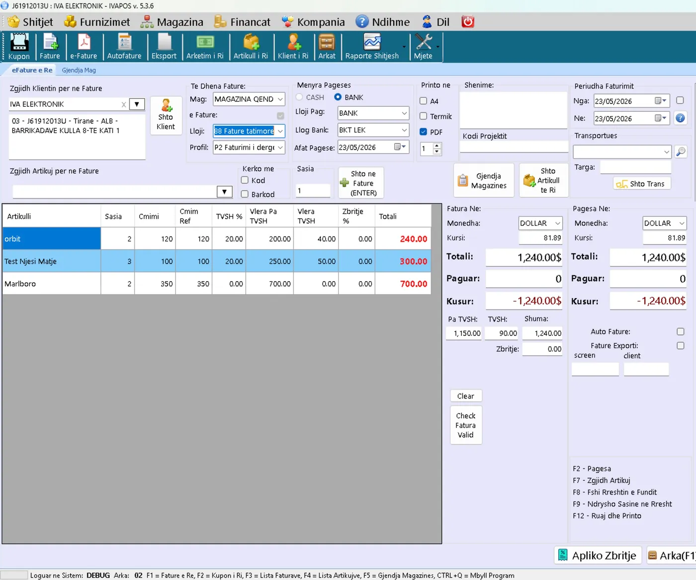 IVAPOS e-invoice screen with customer data and items