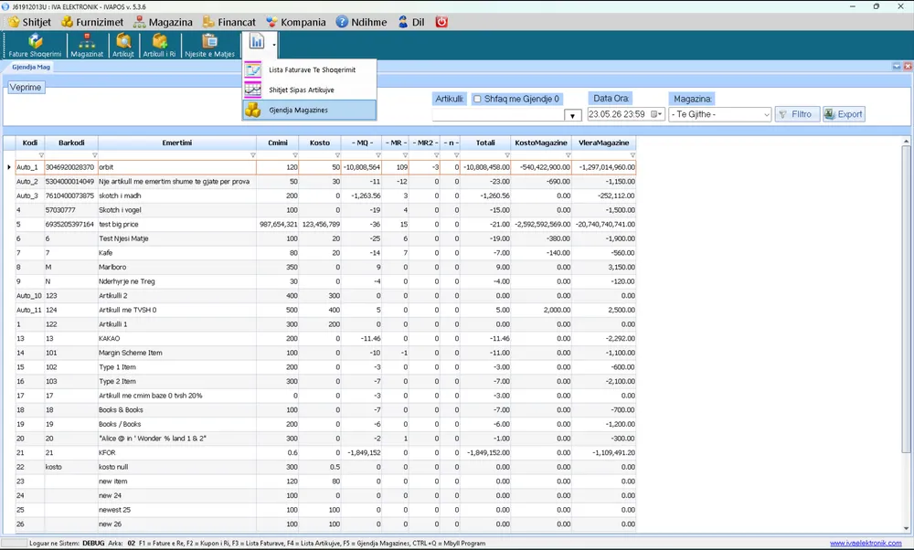 IVAPOS warehouse stock screen with items, quantities, and value