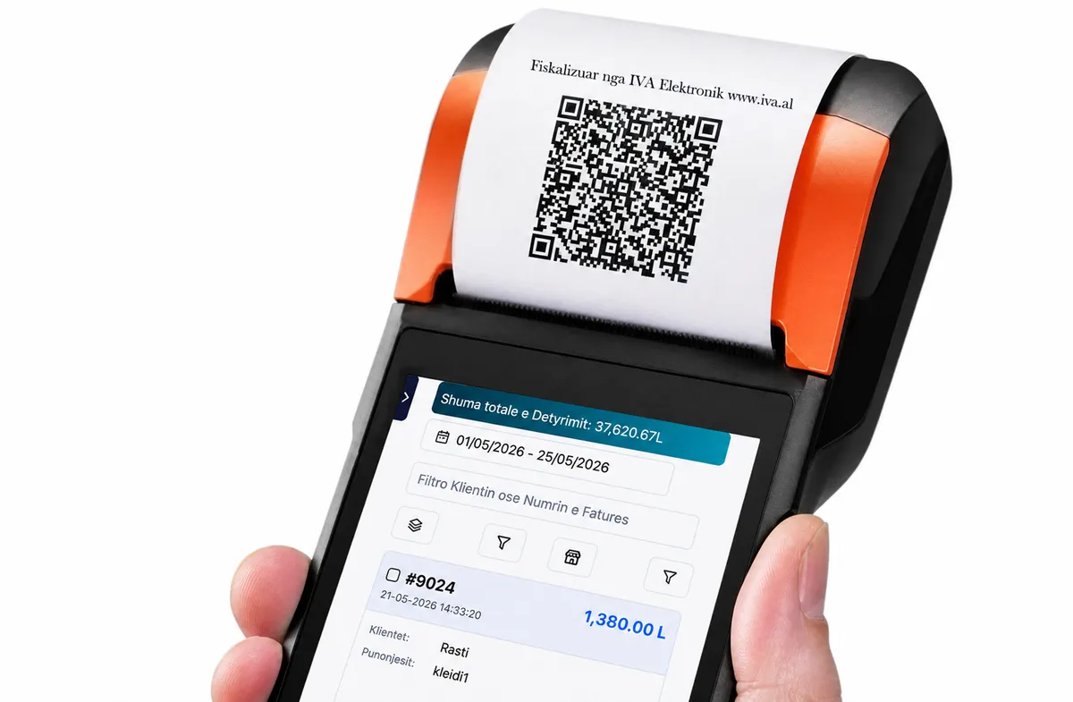 Android Fiscal Cash Register in hand with a printed receipt coming out from the device