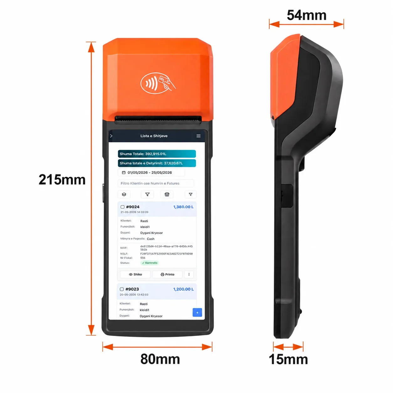 Android Fiscal Cash Register dimensions showing compact and portable usage