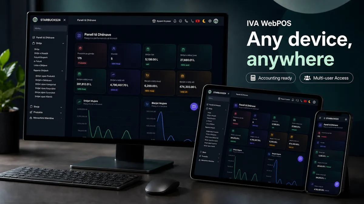WebPOS on desktop, tablet, and phone with any-device access, multi-user access, and accounting readiness
