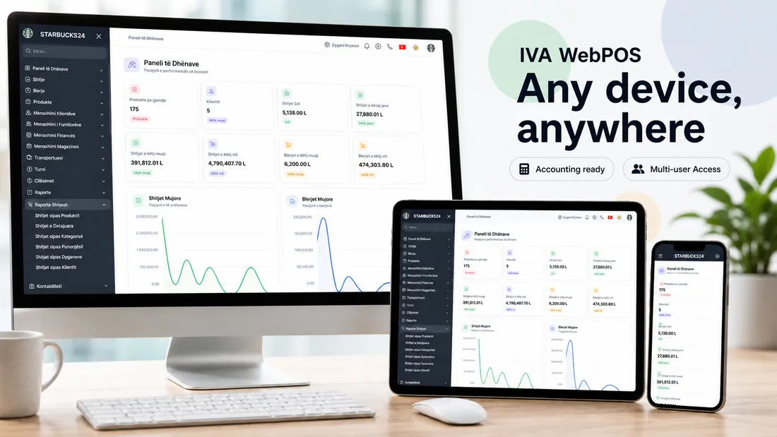 WebPOS on desktop, tablet, and phone with any-device access, multi-user access, and accounting readiness