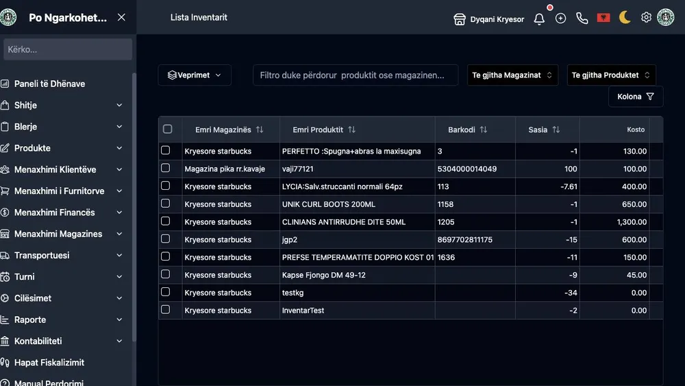 WebPOS inventory list with products, warehouses, quantities, and stock value