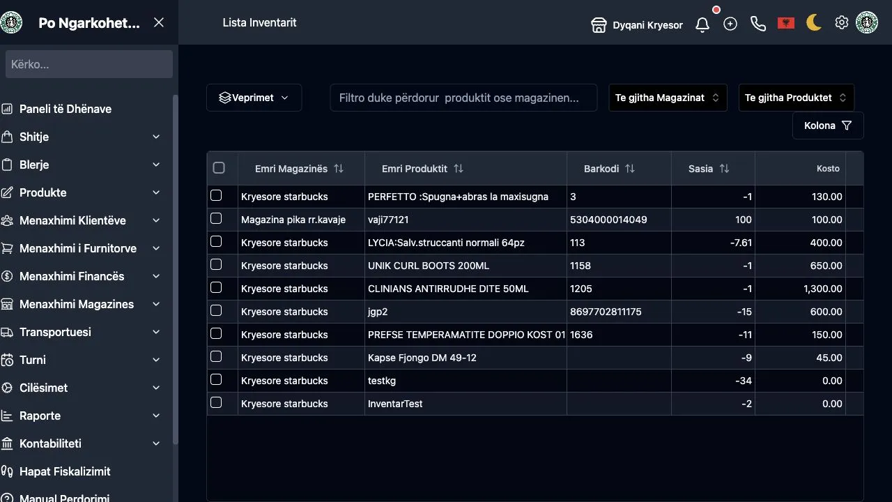 WebPOS inventory list with products, warehouses, quantities, and stock value