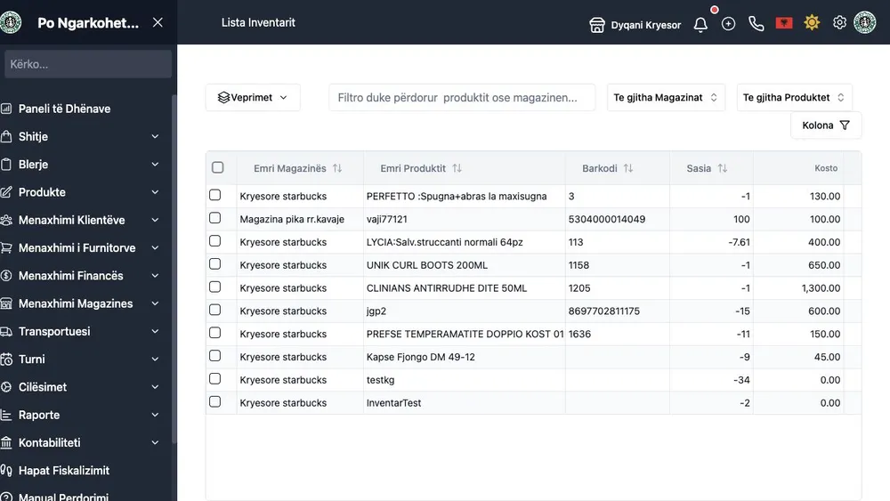 WebPOS inventory list with products, warehouses, quantities, and stock value