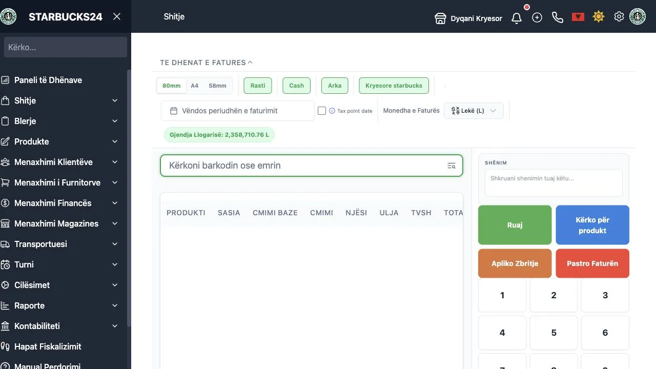 WebPOS screen for creating a sales invoice with products, VAT, and total
